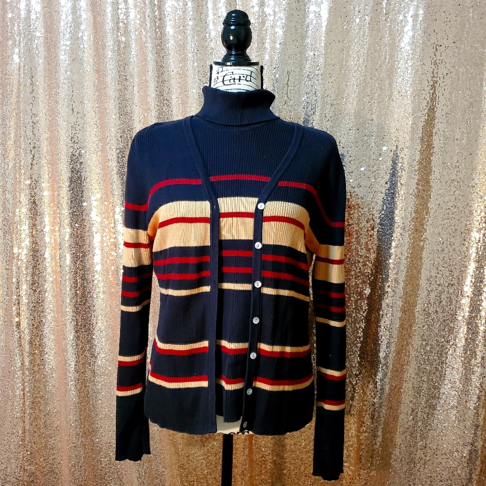 Black, Tan Cotton Turtleneck Cardigan Set